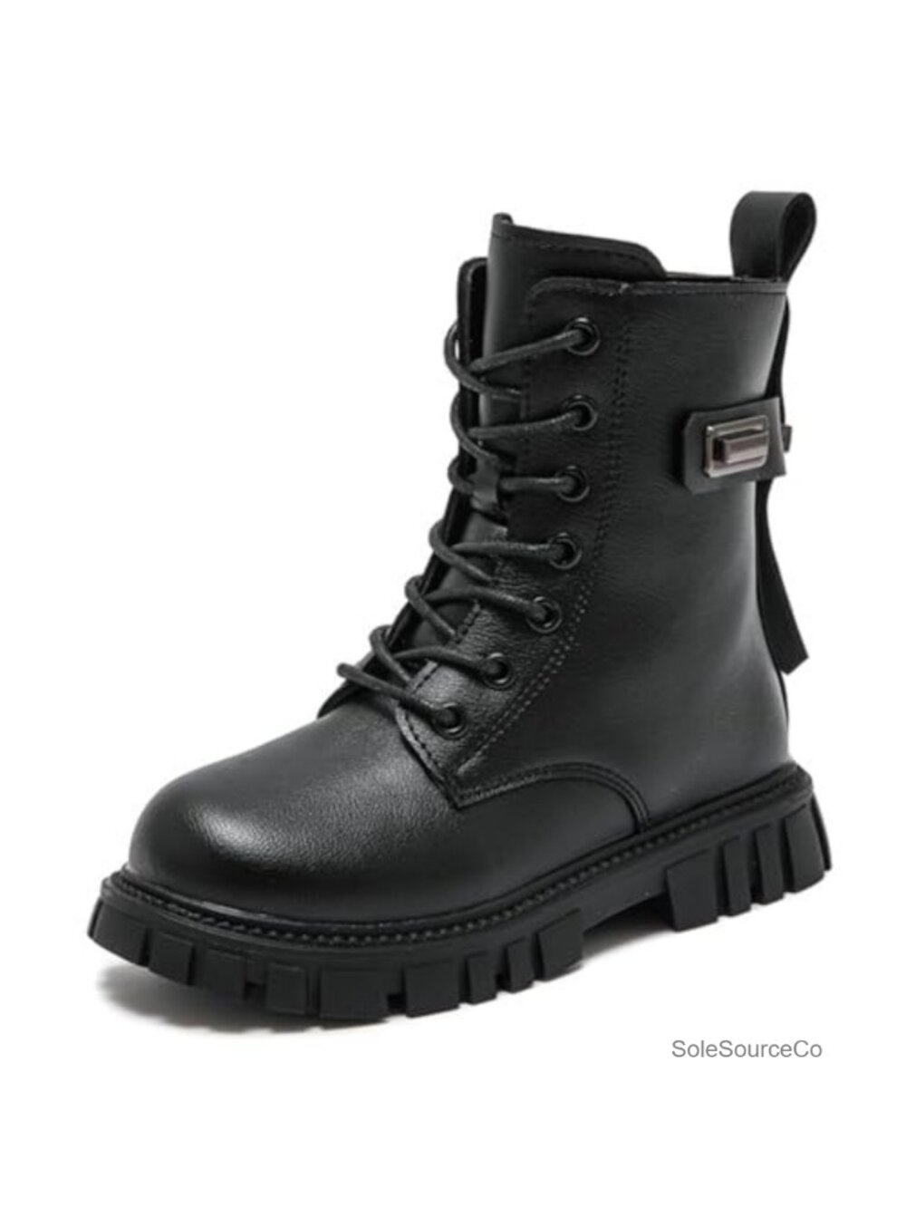 Lace Up Ankle Boots Faux Leather Combat Lug Sole Metal Buckle